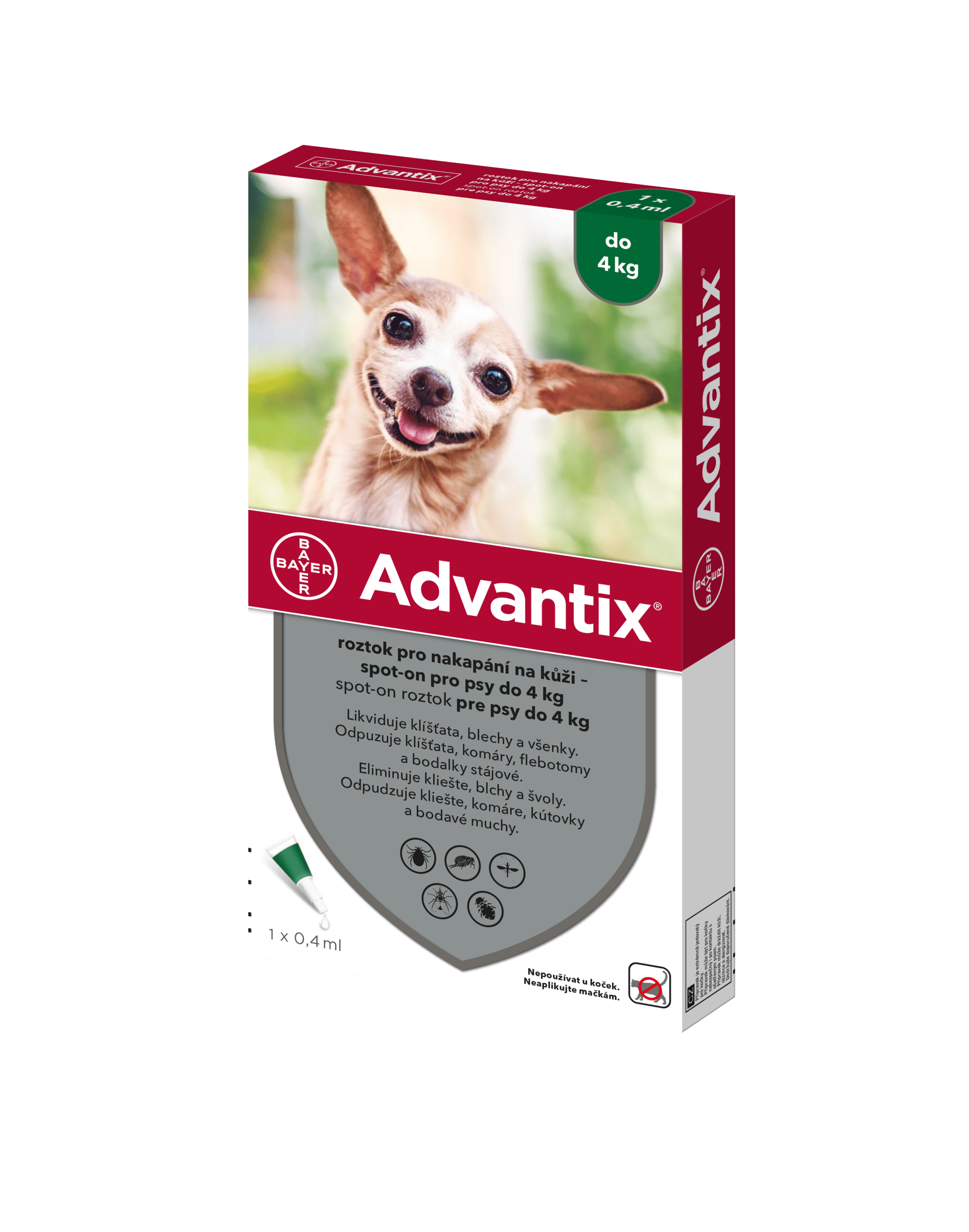 Spot-on Advantix chrání až 4týdny před klíšťaty, blechami, komáry, všenkami a koutulemi (pakomáry)