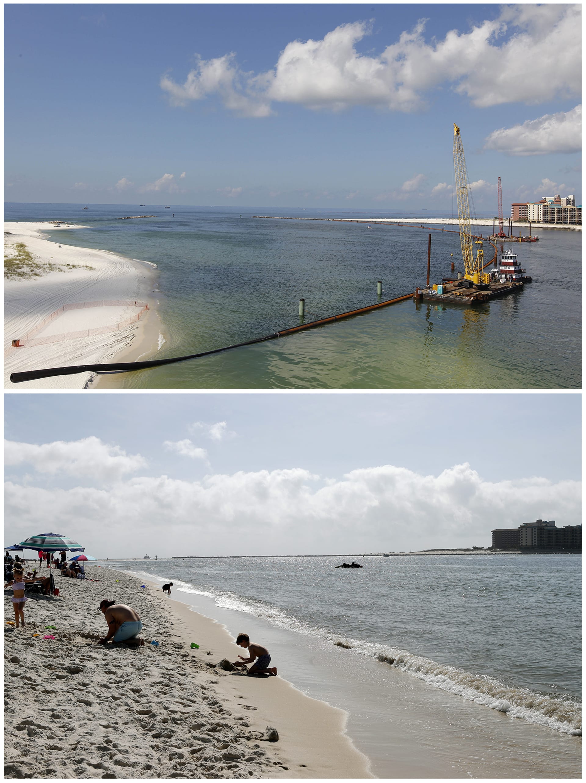 Pohled na Orange Beach v Mexickém zálivu 25. června 2010 (nahoře) a stejné místo letos v březnu (dole)