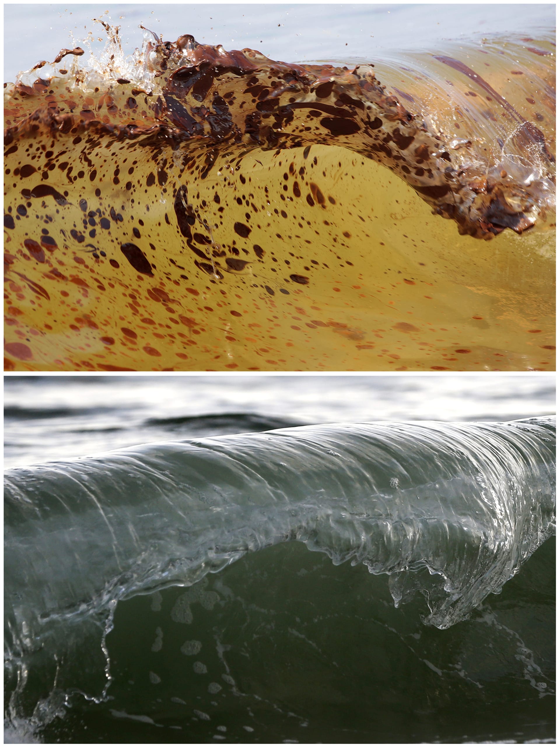 Srovnání toho, jak vypadala voda, která omývala břehy Orange Beach v Mexickém zálivu 12. června 2010 (nahoře) a 12. března 2020 (dole)