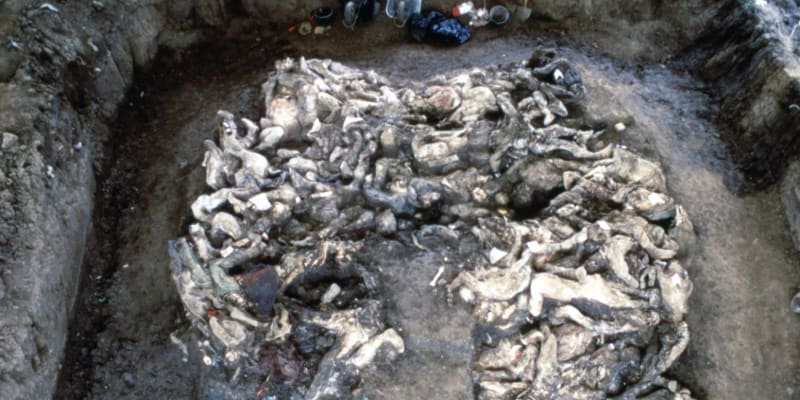 Odkrytý masový hrob na farmě Ovčara v roce 1996