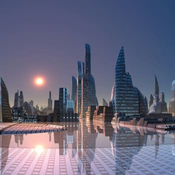 Počítačová vizualizace futuristického města Neom v Saúdské Arábii.