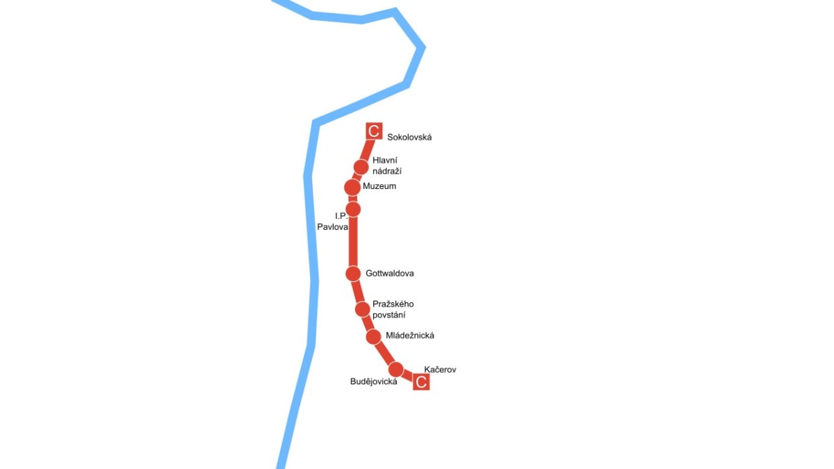 Plán prvního úseku metra C, který byl zprovozněn v květnu 1974. 