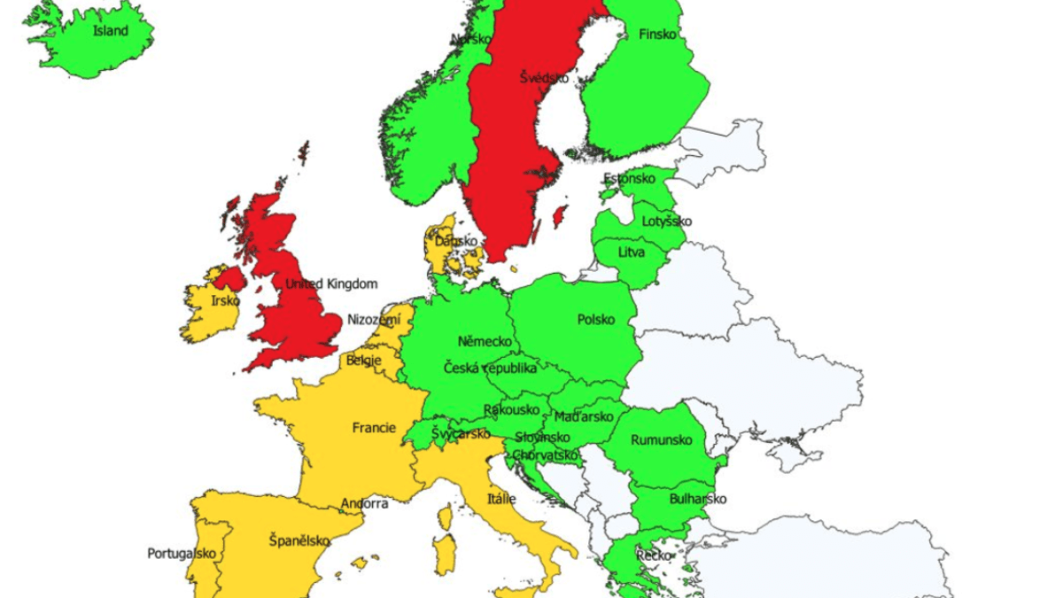 Mapa Evropy a rozdělení zemí podle rizikovosti při cestování