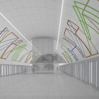 Vizualizace ukazuje podobu stanice metra D - Nové Dvory. Autorem návrhu je Stanislav Kolíbal.