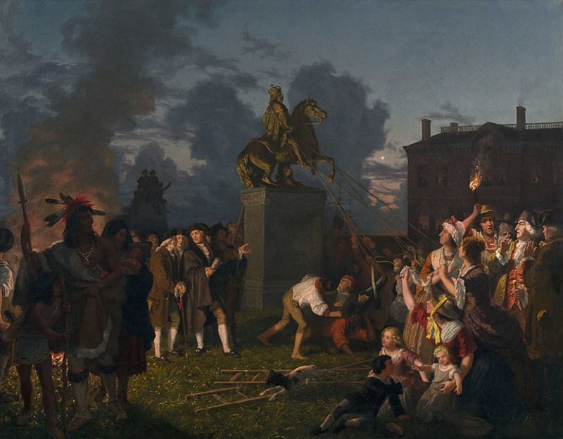 Stržení sochy Krále Jiřího, jak si je představoval malíř Johannes Oertel. 