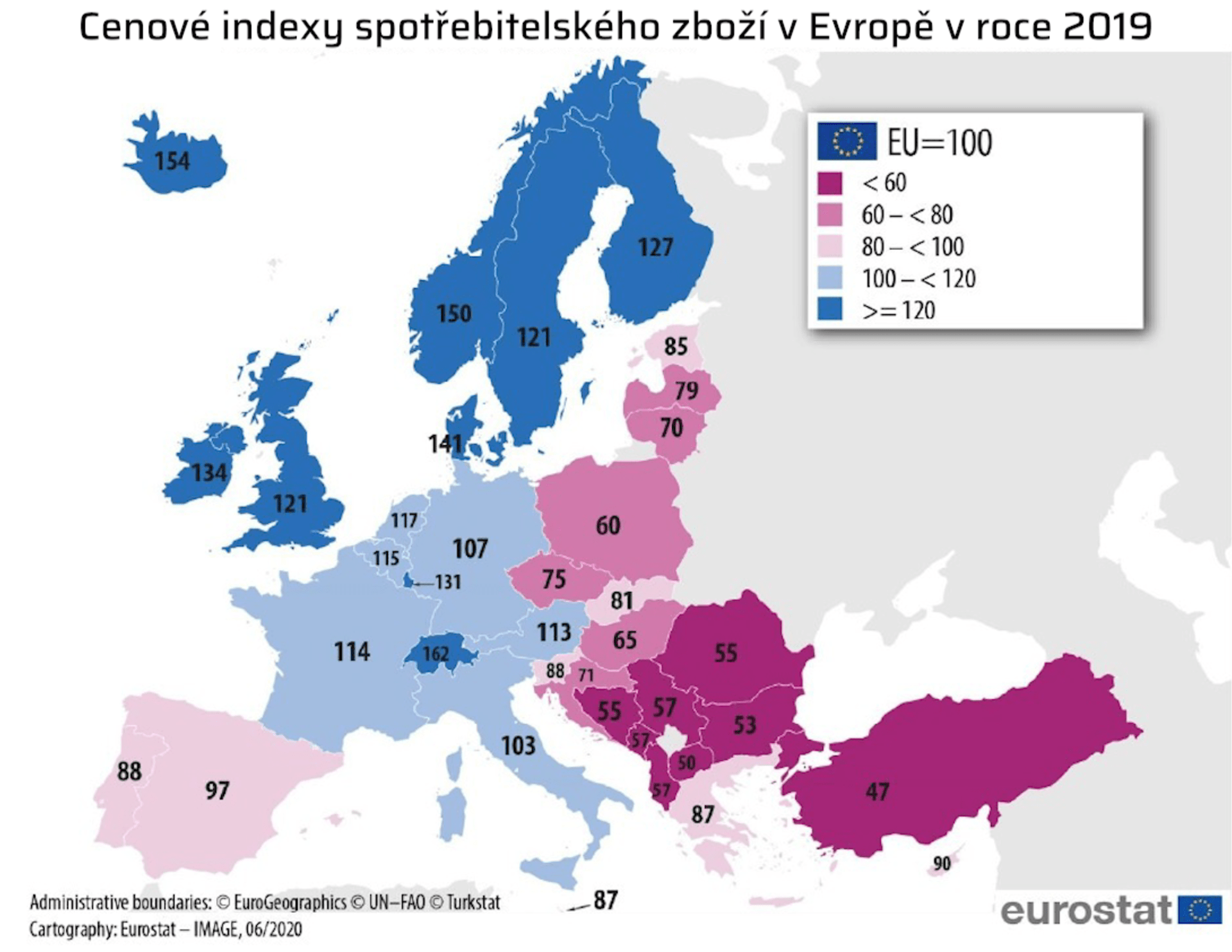 Cenové indexy v Evropě. EU = 100.
