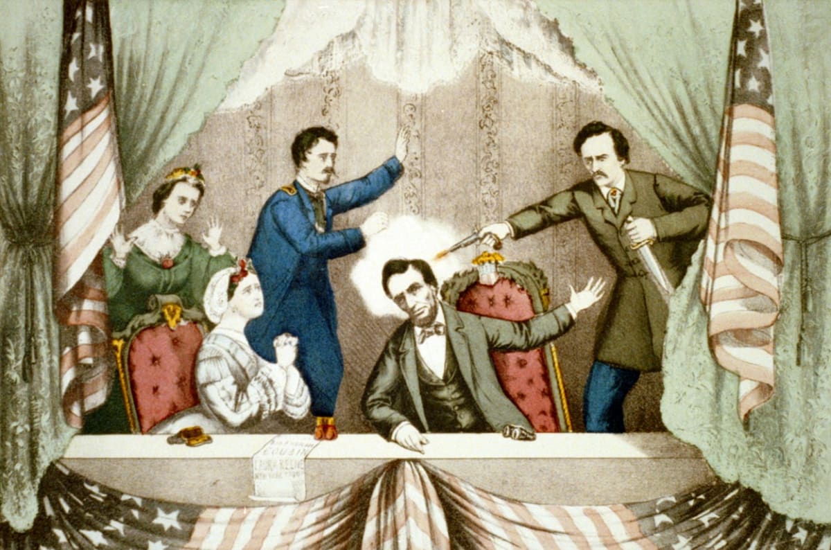 Ilustrace znázorňuje smrt Abrahama Lincolna v divadle.