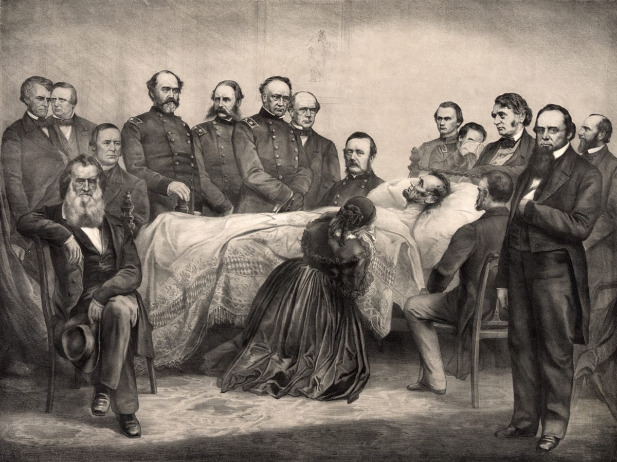Ilustrace znázorňuje prezidenta Abrahama Lincolna na smrtelném loži.