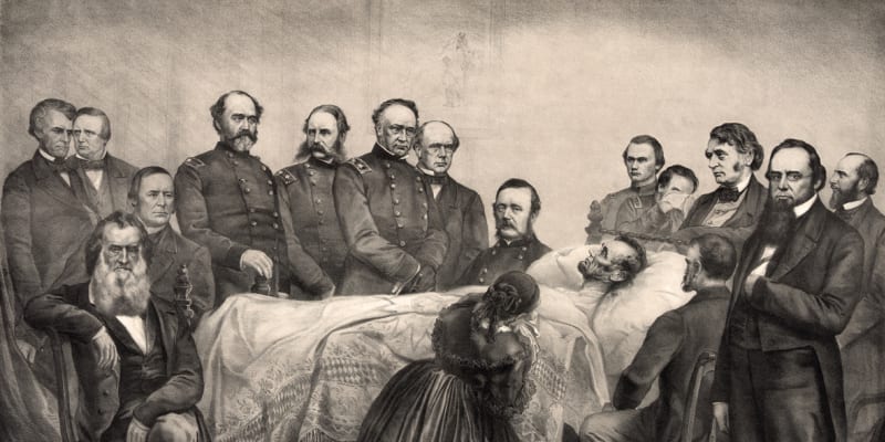 Ilustrace znázorňuje prezidenta Abrahama Lincolna na smrtelném loži.