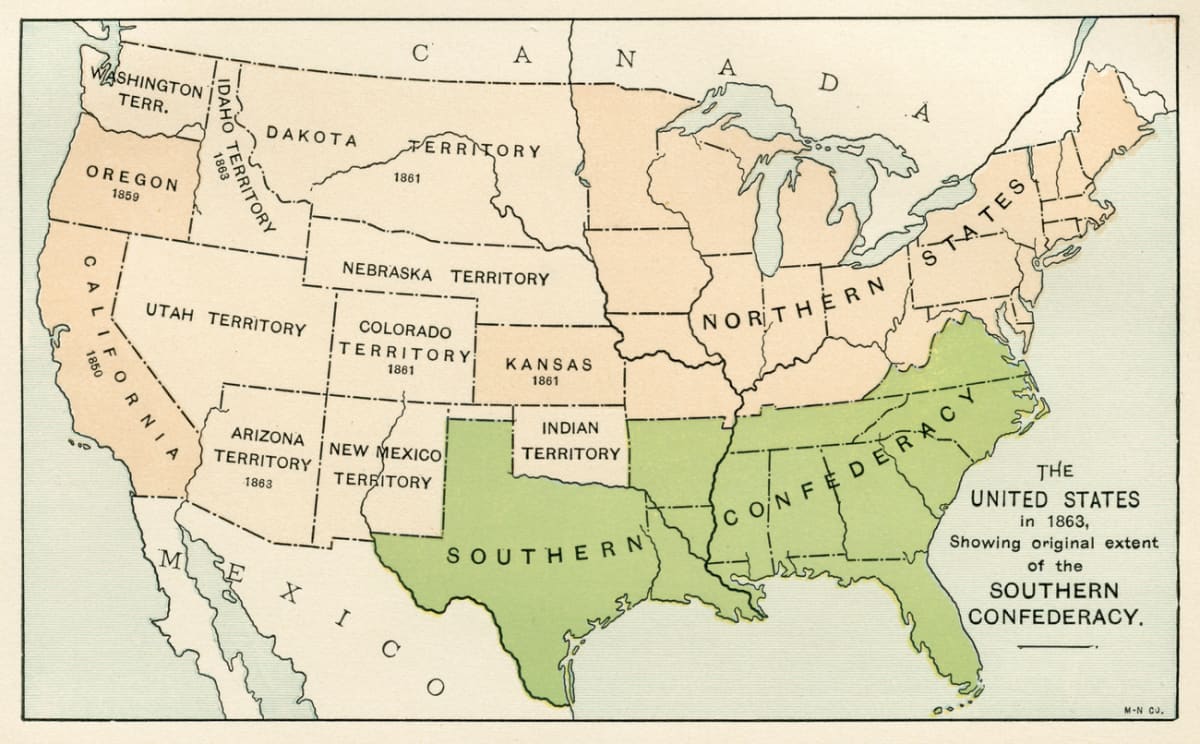 Mapa USA znázorňující Sever a Jih.
