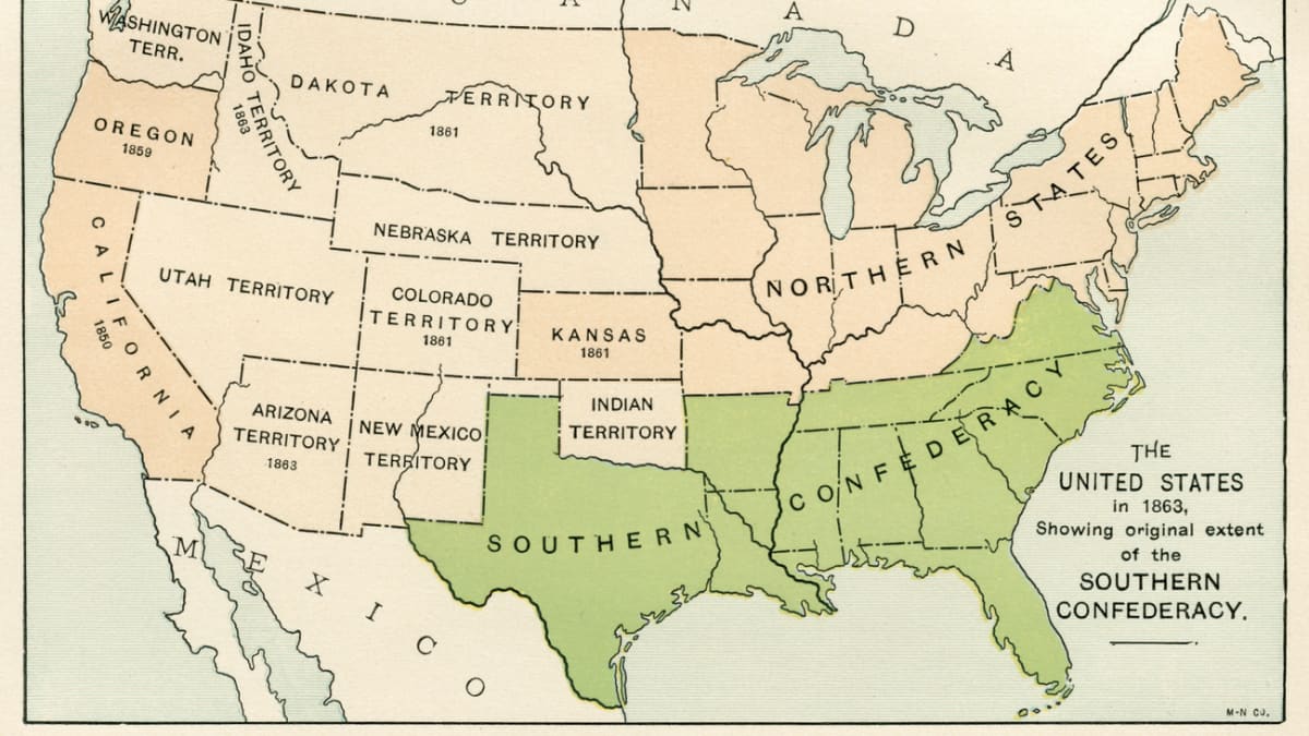 Mapa USA znázorňující Sever a Jih.