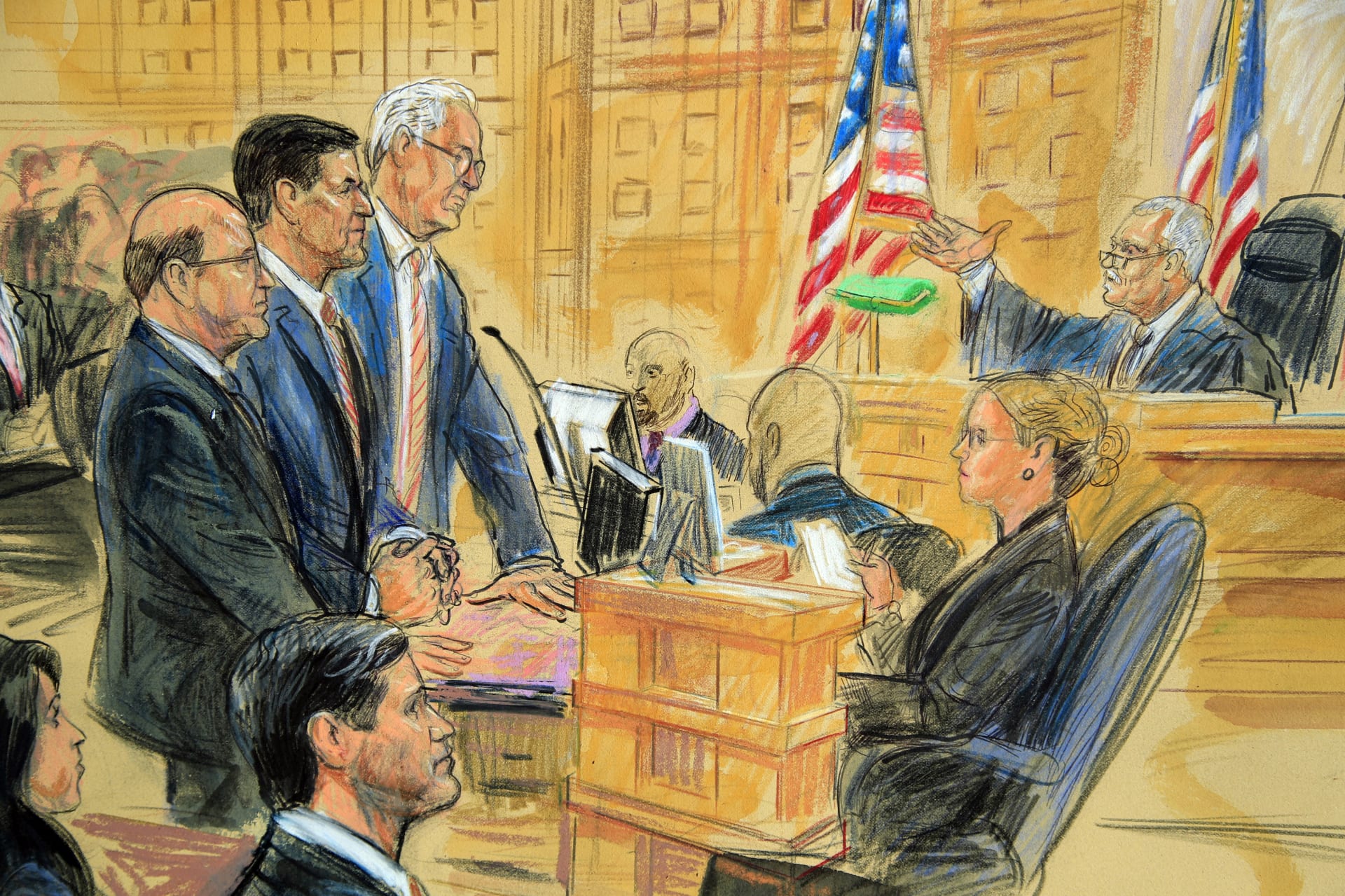 Kresba ze soudní síně, na které soudce Emmet Sullivan (vpravo) vyslýchá Michaela Flynna, bývalého poradce amerického prezidenta Donalda Trumpa.
