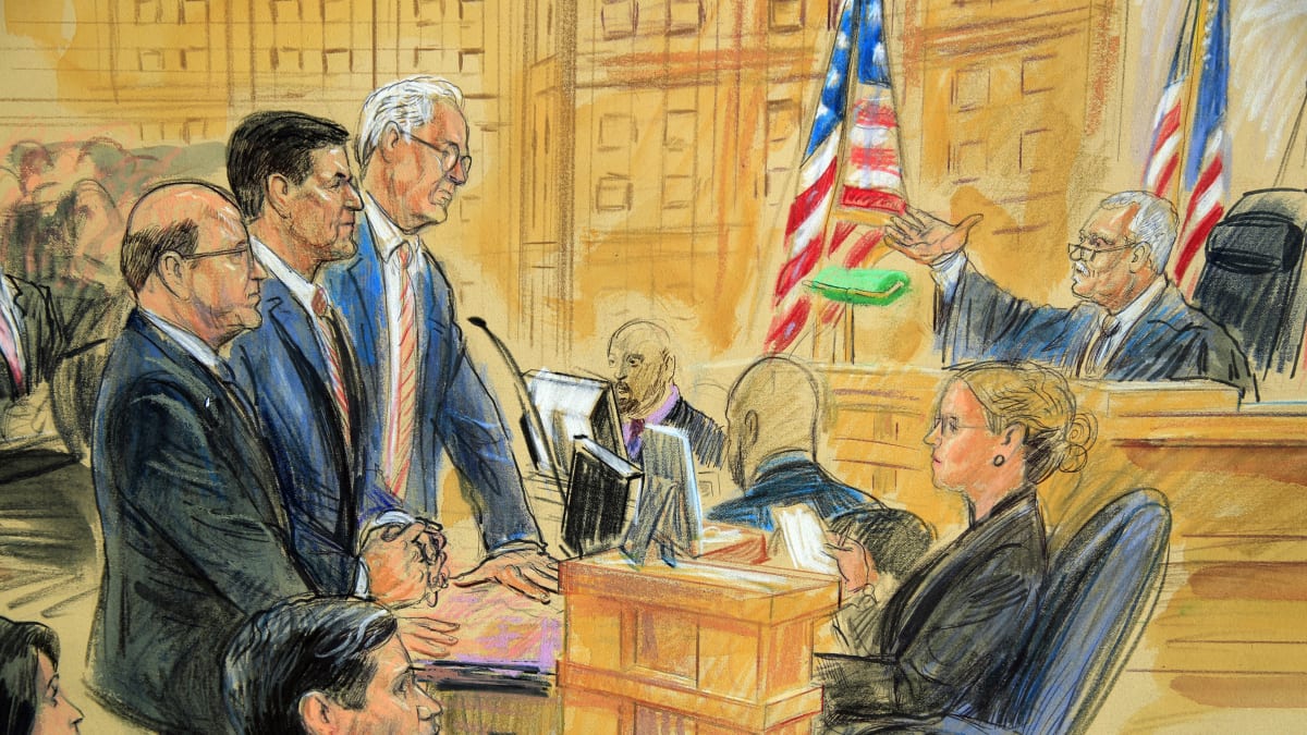 Kresba ze soudní síně, na které soudce Emmet Sullivan (vpravo) vyslýchá Michaela Flynna, bývalého poradce amerického prezidenta Donalda Trumpa.