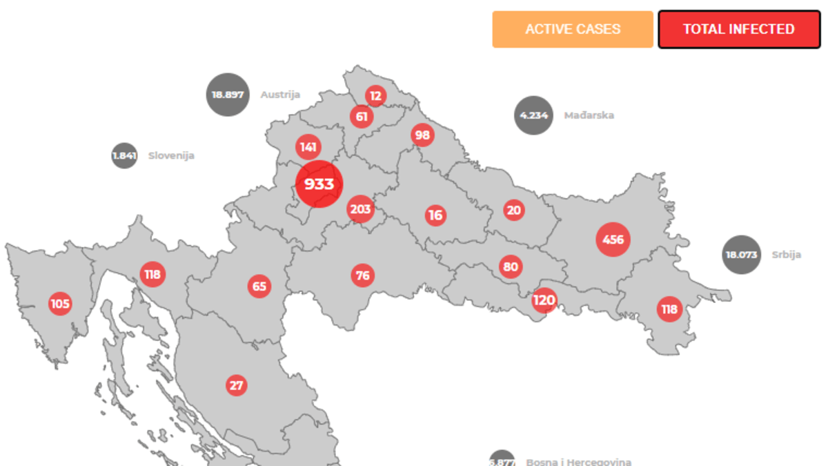 Celkový počet registrovaných případů nákazy v jednotlivých částech Chorvatska (zdroj: chorvatská vláda)