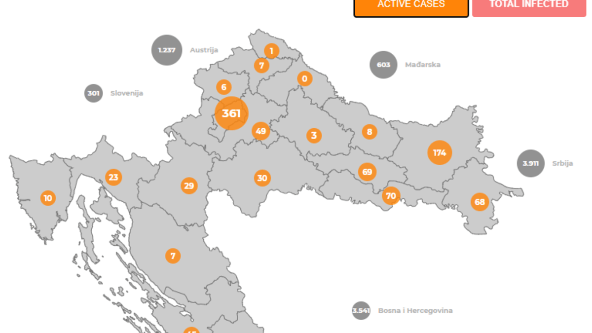 Aktivní případy nákazy v jednotlivých částech Chorvatska (zdroj: chorvatská vláda)