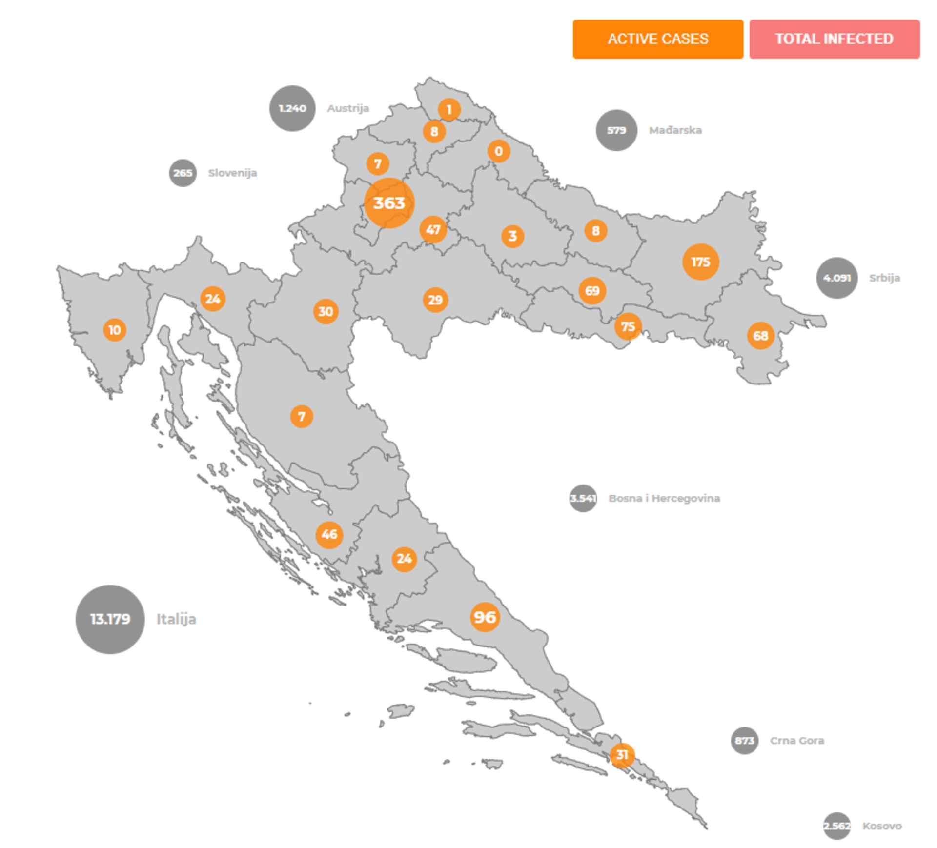 Mapa Chorvatska a počty nakažených