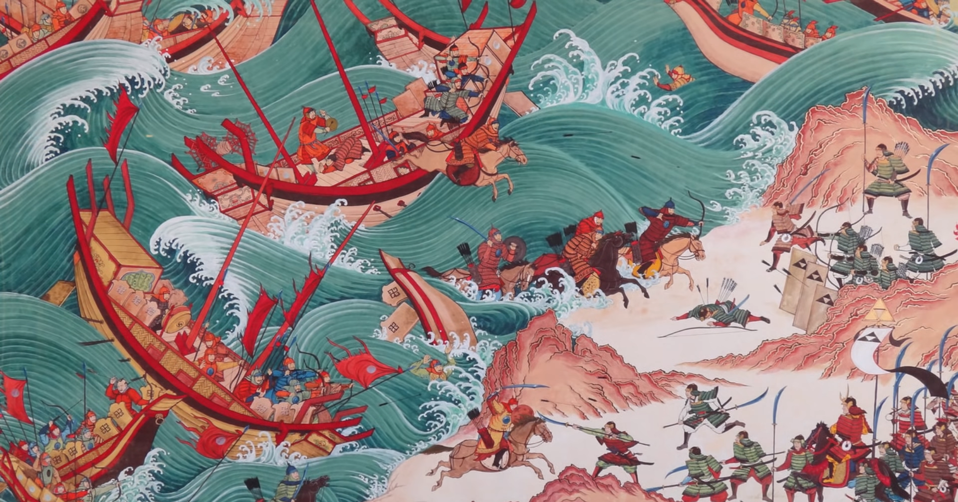 Dobová ilustrace tajfunu ničícího mongolskou flotilu