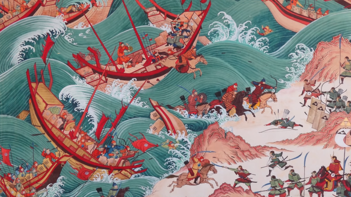 Dobová ilustrace tajfunu ničícího mongolskou flotilu
