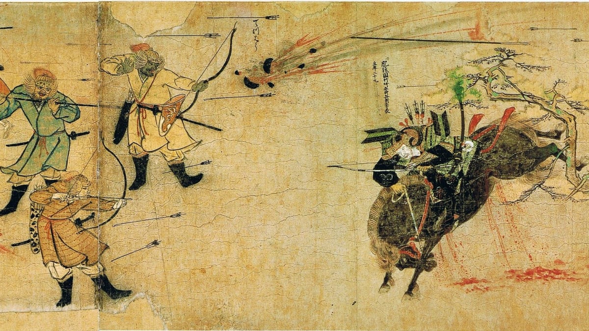 Mongolové útočí šípy a bombami na samuraje (kresba kolem roku 1293)  