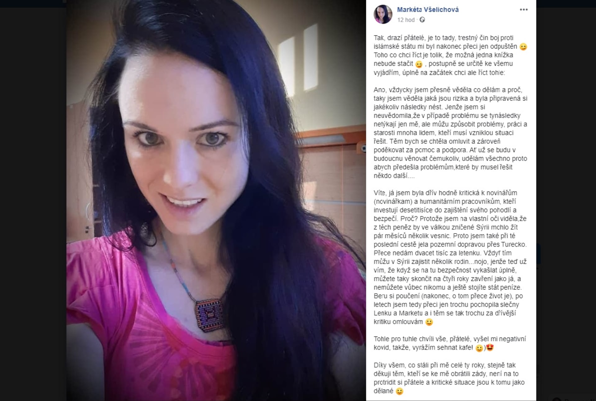 Markéta Všelichová se po propuštění z tureckého vězení rozepsala na svém profilu na sociální síti.