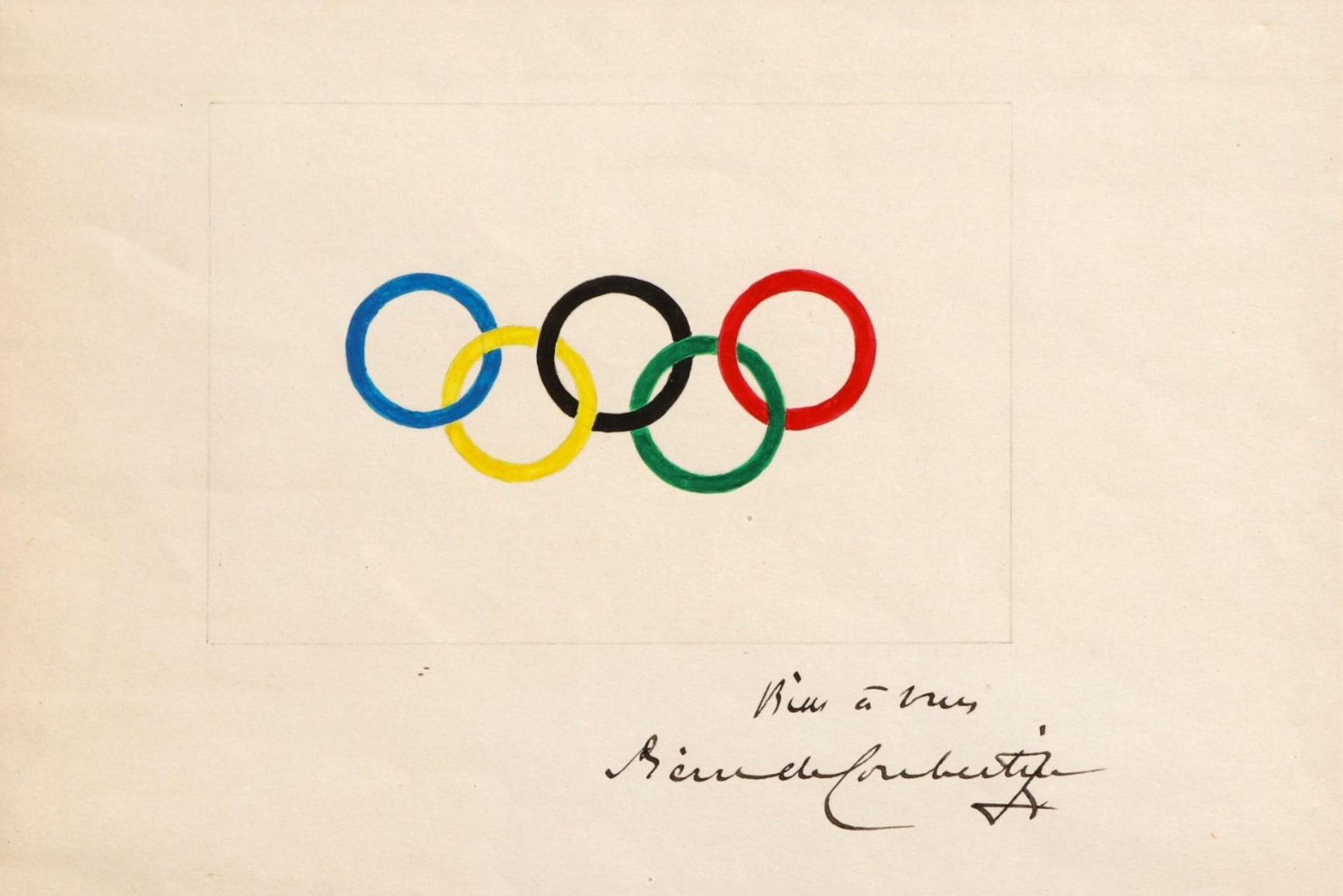 Originální kresba olympijských kruhů Francouze Pierra de Coubertina z roku 1913