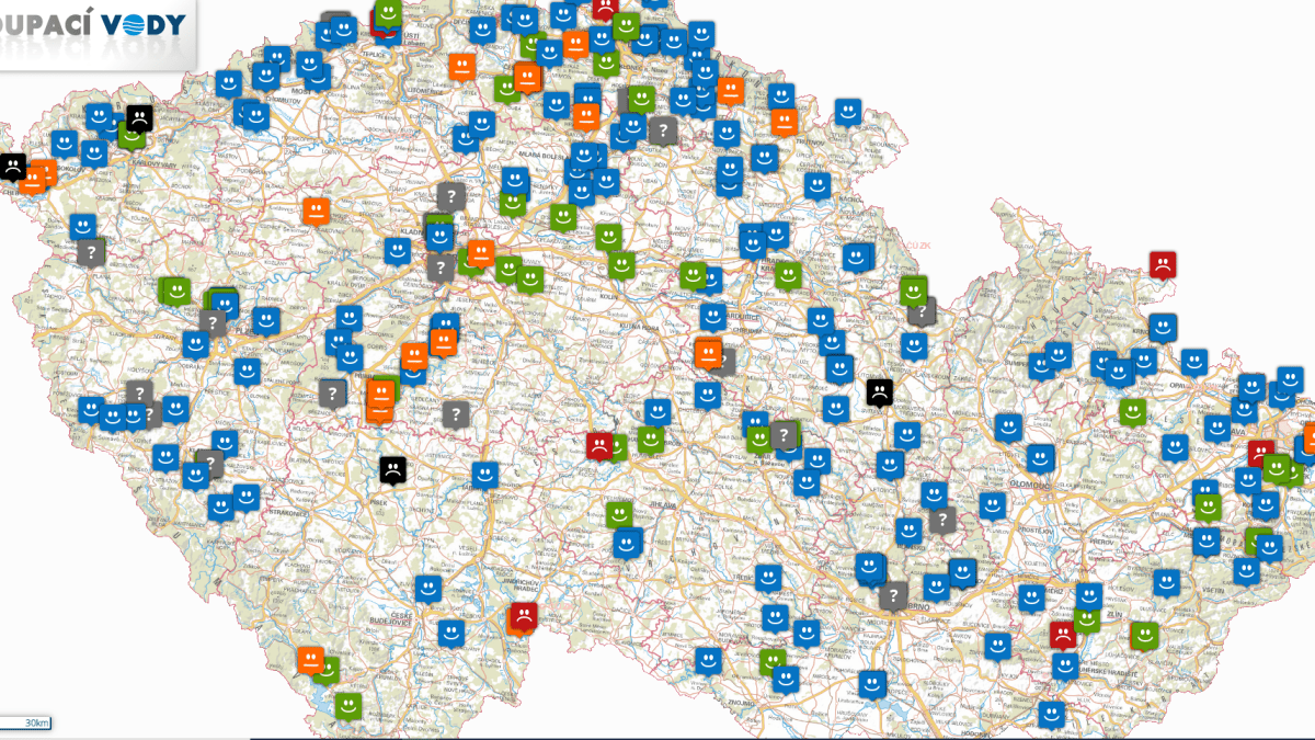 Mapa koupacích vod v Česku.
