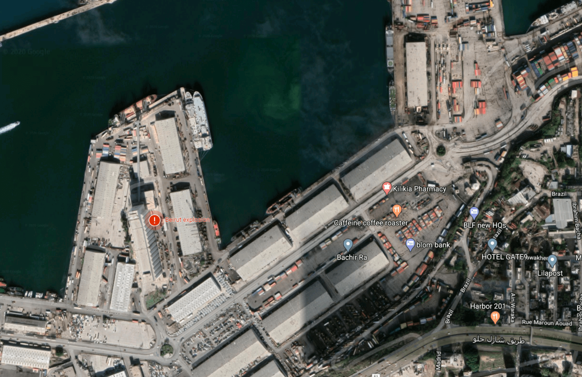 Zakreslení místa výbuchu v přístavu v Bejrútu.