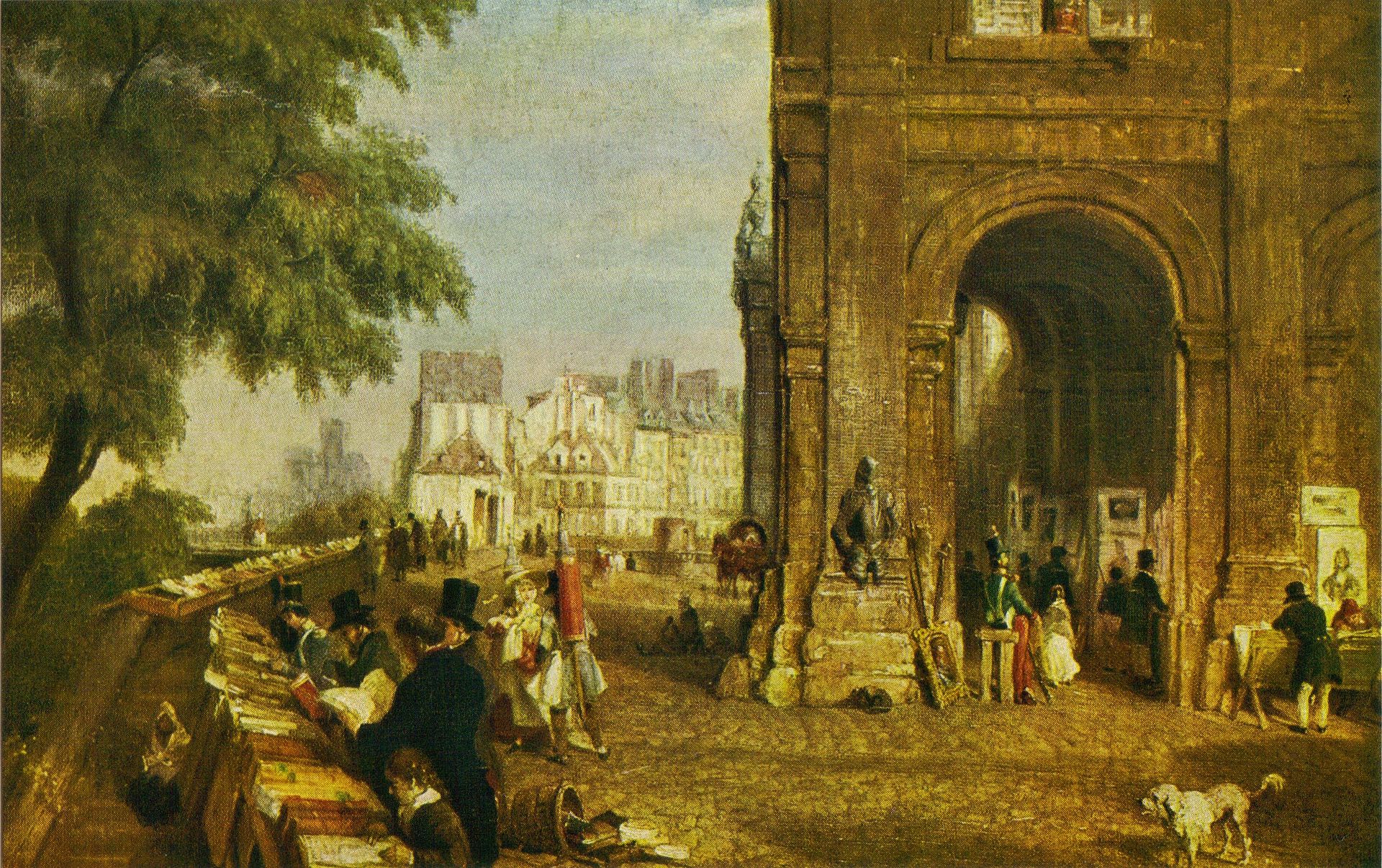 Historická malba zachycující bukinisty v Paříži