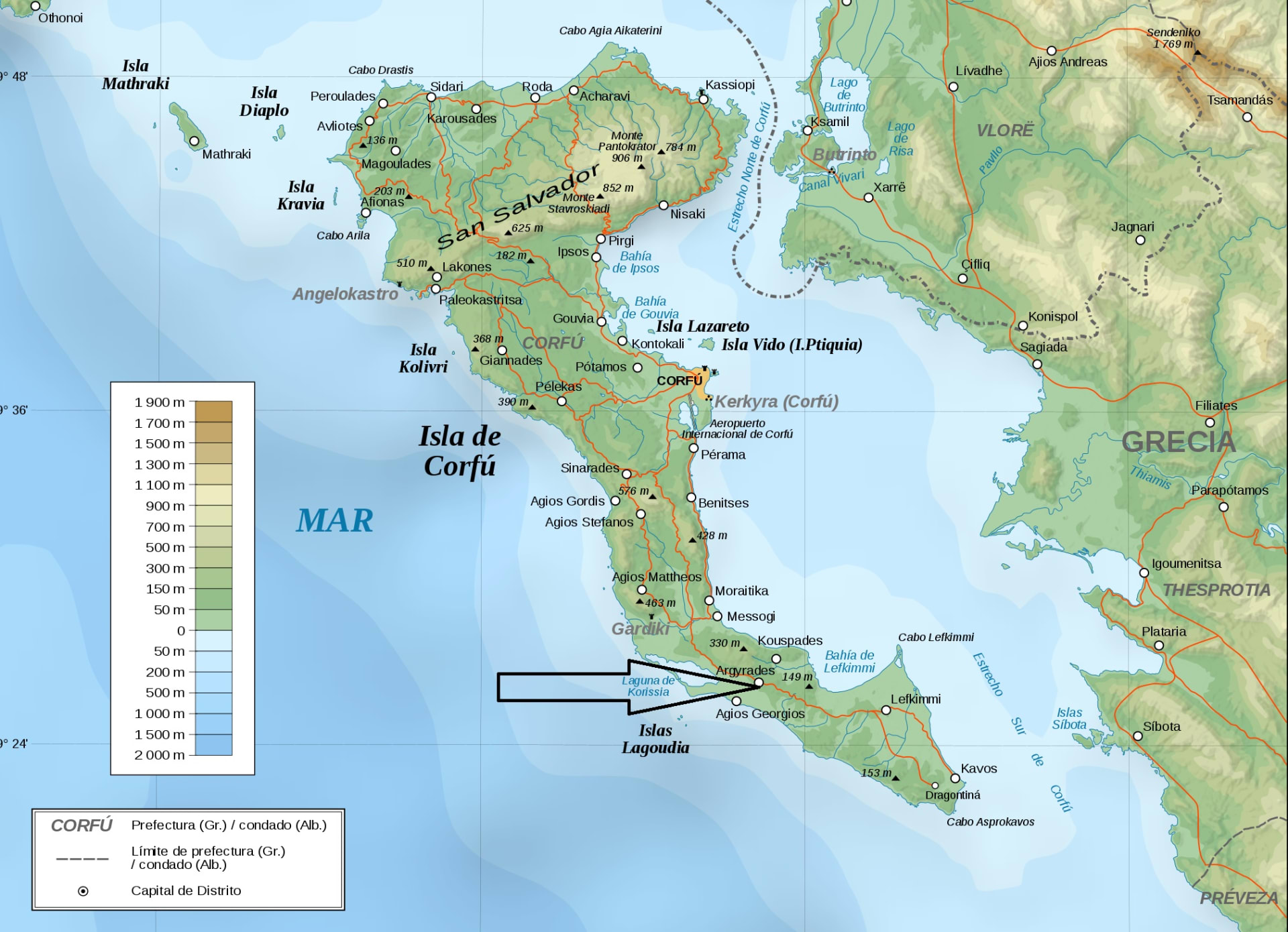 Mapa Korfu s vyznačeným letoviskem Argyrades