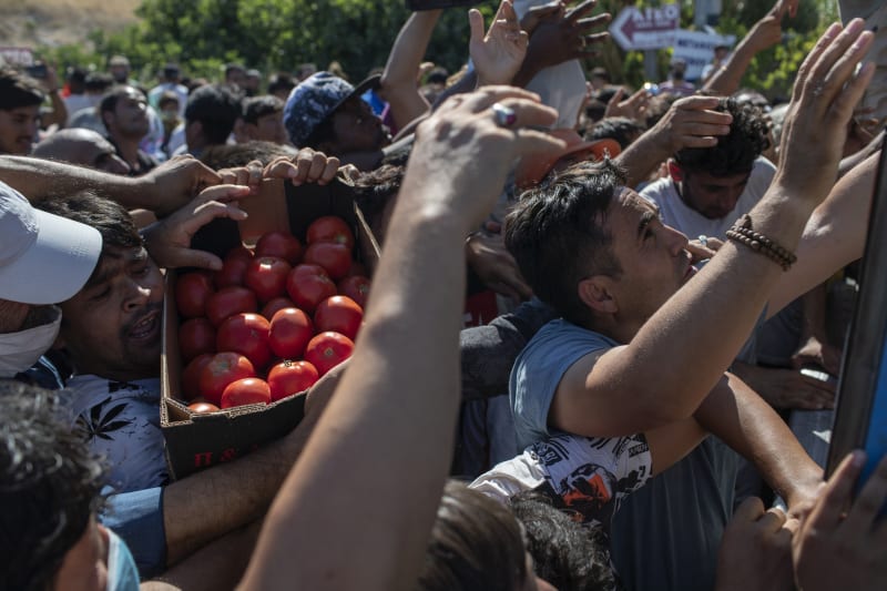 Migranti bojují o příděl z beden s rajčaty během distribuce potravin na ostrově Lesbos v Řecku. Z přeplněného řeckého uprchlického tábora Moria zbylo po požárech jen torzo. Tisíce lidí nemají k dispozici ani základní potřeby či nouzové bydlení. 