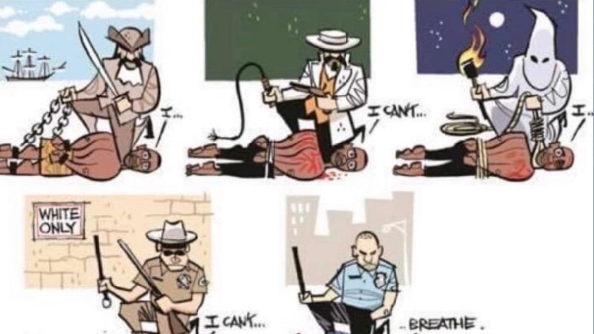 Karikatura přirovnává policisty k otrokářům a členům rasistické skupiny KKK.