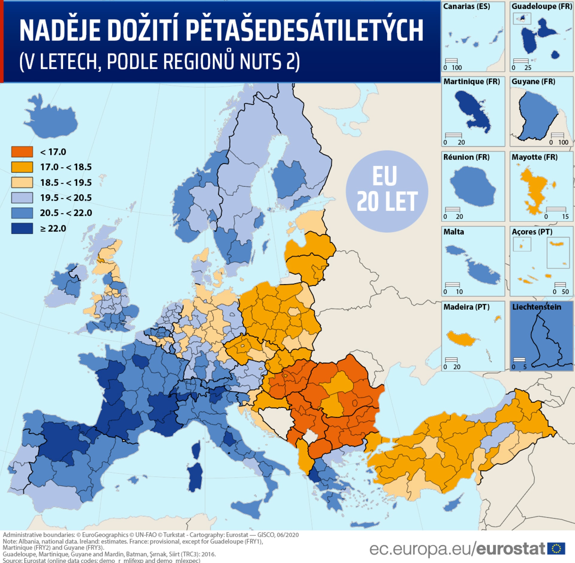 Naděje dožití obyvatel ve věku 65 let v Evropské unii. Mapa udává, kolik let života mají před sebou lidé ve věku 65 let v různých zemích EU. (Zdroj dat: Eurostat)