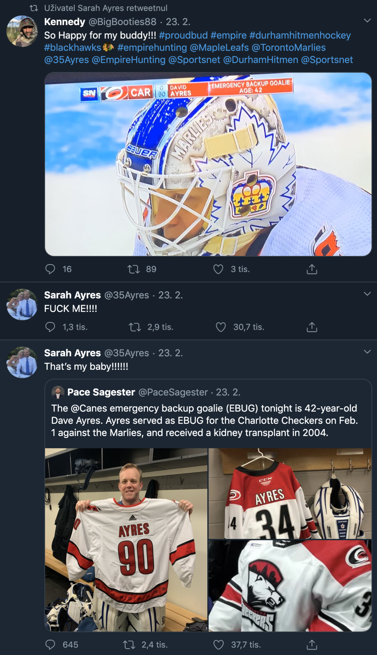 Tweety Sarah Ayresové, manželky hokejového brankáře