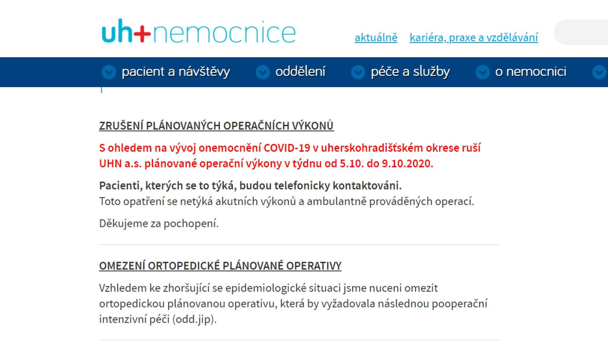 Uherskohradišťská nemocnice oznámila na webu zrušení plánovaných operací.