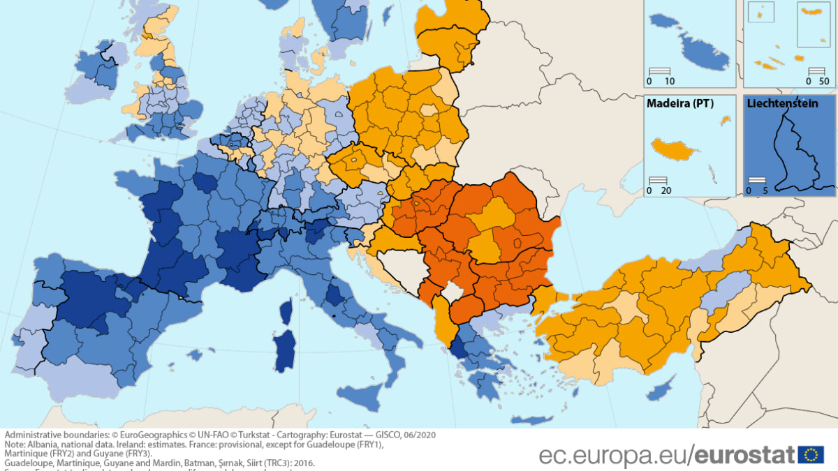 Naděje dožití obyvatel ve věku 65 let v Evropské unii. Mapa udává, kolik let života mají před sebou lidé ve věku 65 let v různých zemích EU. (Zdroj dat: Eurostat)