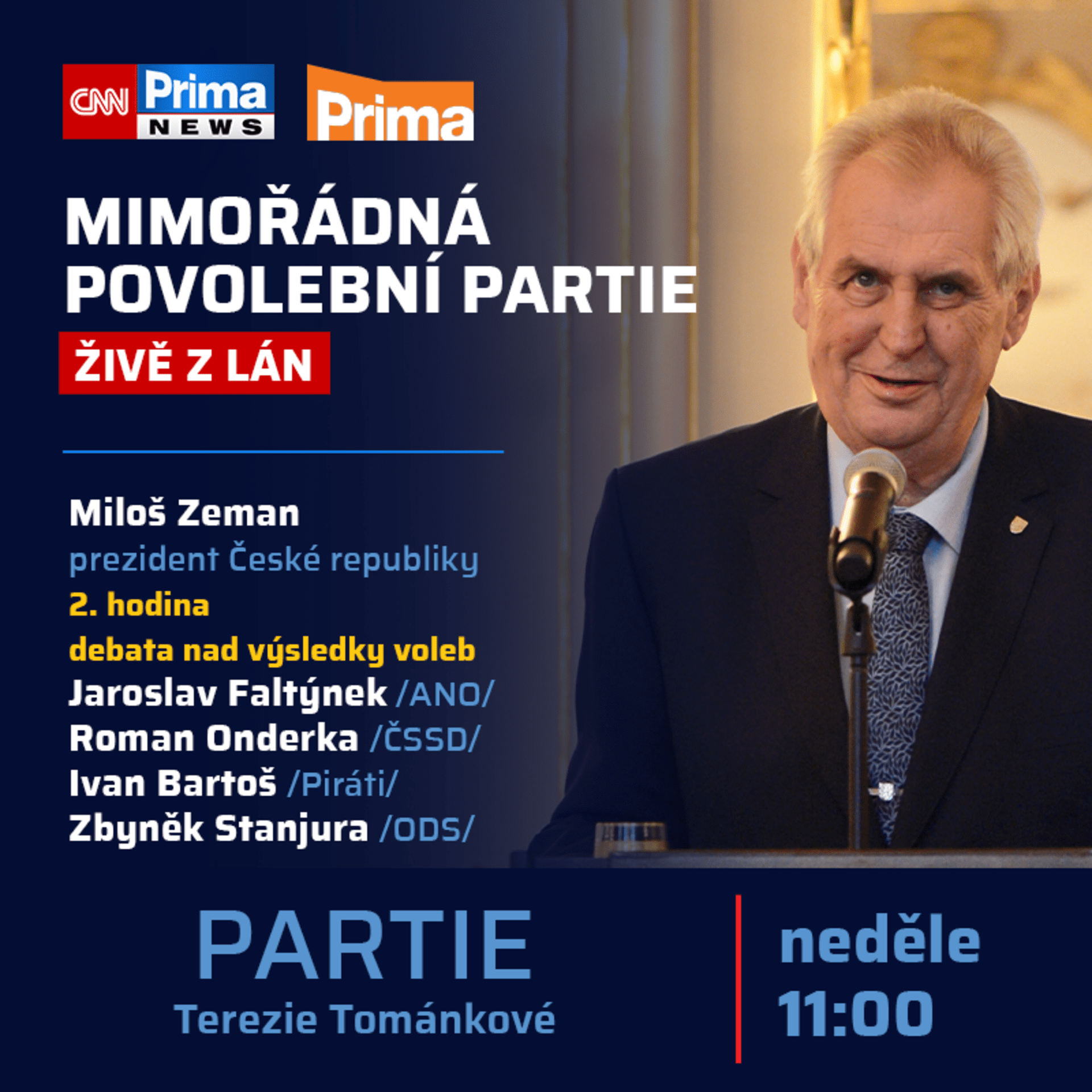 Hostem speciální povolební Partie bude prezident Miloš Zeman