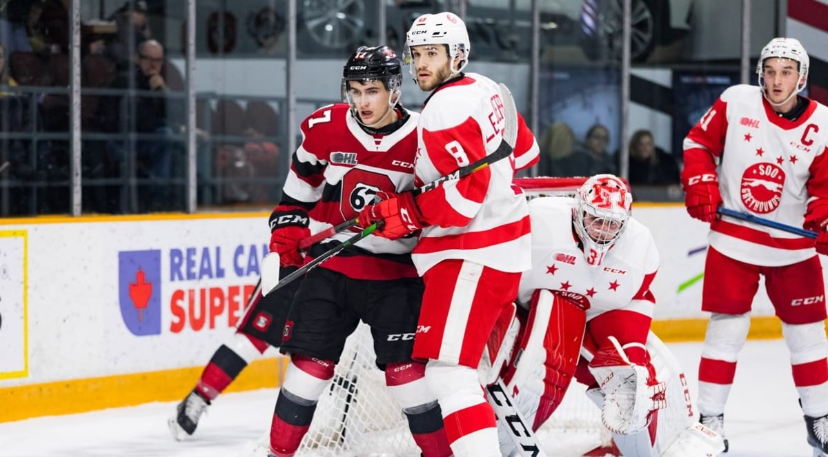 Takhle blízko ne! Hokejová OHL se může v prosinci rozjet pouze za předpokladů, že se naprosto omezí fyzický kontakt mezi hráči. Fotografie pochází ze zápasu mezi týmy Soo Greyhounds a Ottawa 67's.
