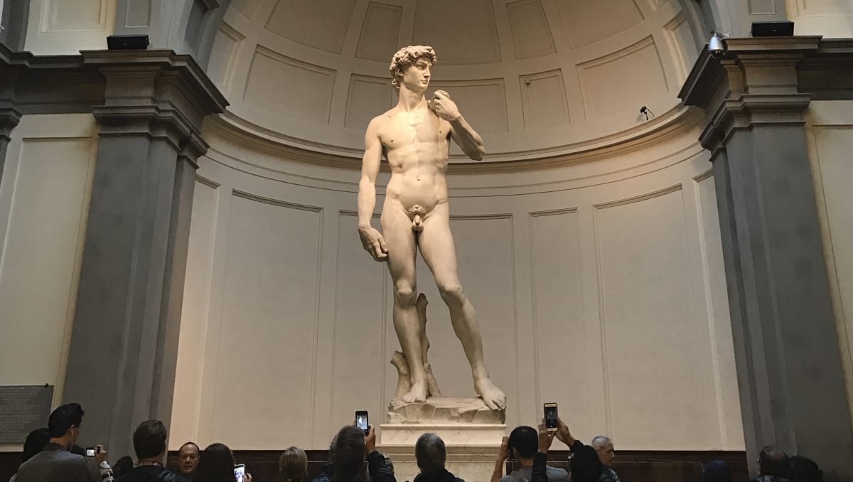 Turisté si fotí sochu Davida od Michelangela ve florentském muzeu Accademia.