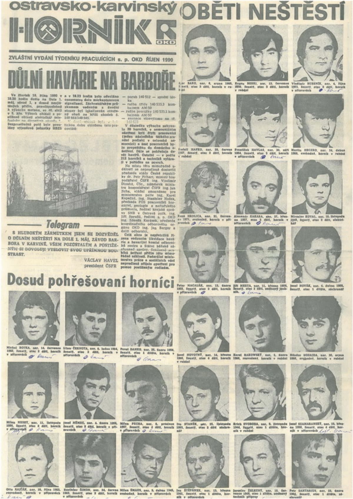 Seznam obětí tragédie v týdeníku Horník, říjen 1990. Foto archiv časopisu Zdař Bůh
