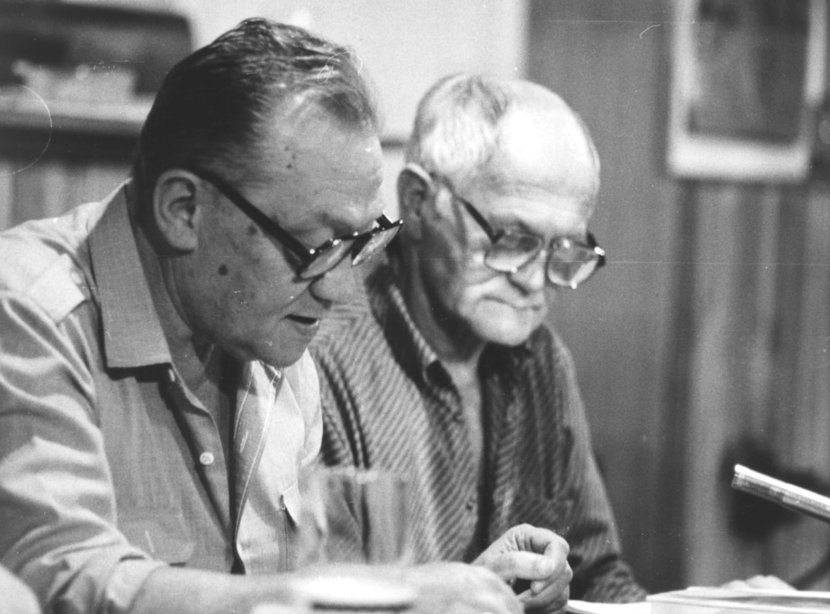 Rudolf Hrušínský se spisovatelem Bohumilem Hrabalem v roce 1986.