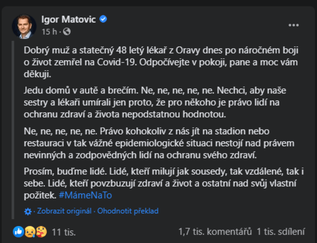 Vyjádření slovenského premiéra Igora Matoviče na sociální síti