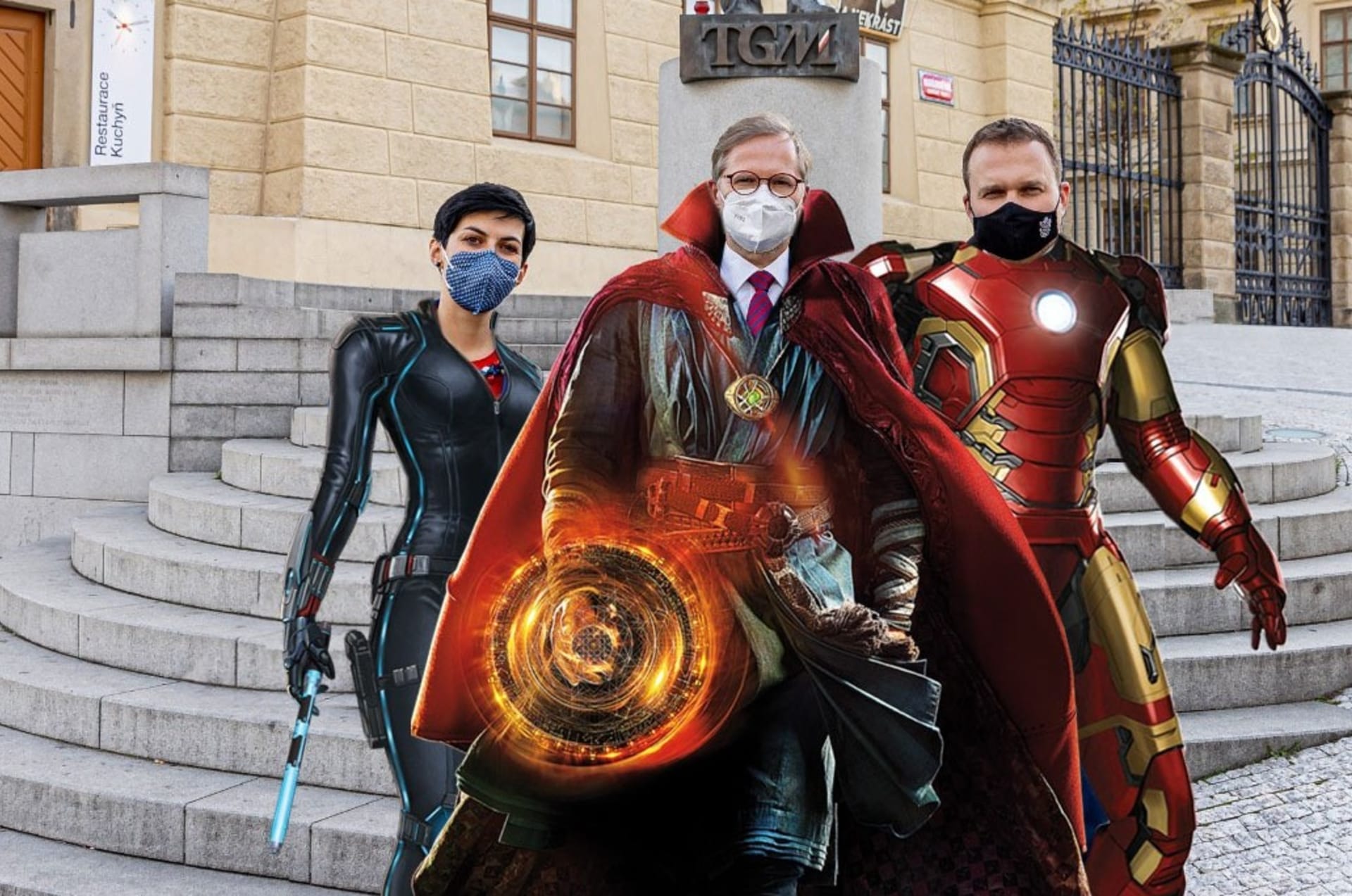 Markéta Pekarová Adamová (TOP 09), Petr Fiala (ODS) a Marian Jurečka (KDU-ČSL) jako superhrdinové ze světa Avengers