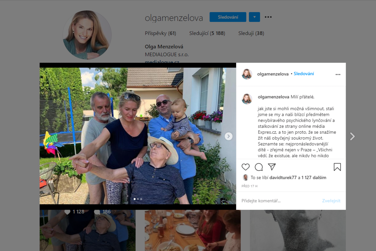 Olga Menzelová si stěžuje na novináře. Zveřejnila fotografii se všemi svými muži. 