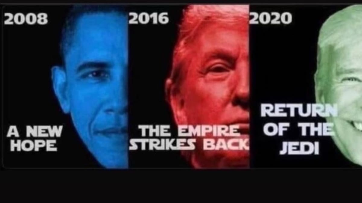 Trojice posledních prezidentů jako tři díly filmové ságy Star Wars. Zleva Nová naděje, Impérium vrací úder, Návrat Jediů.