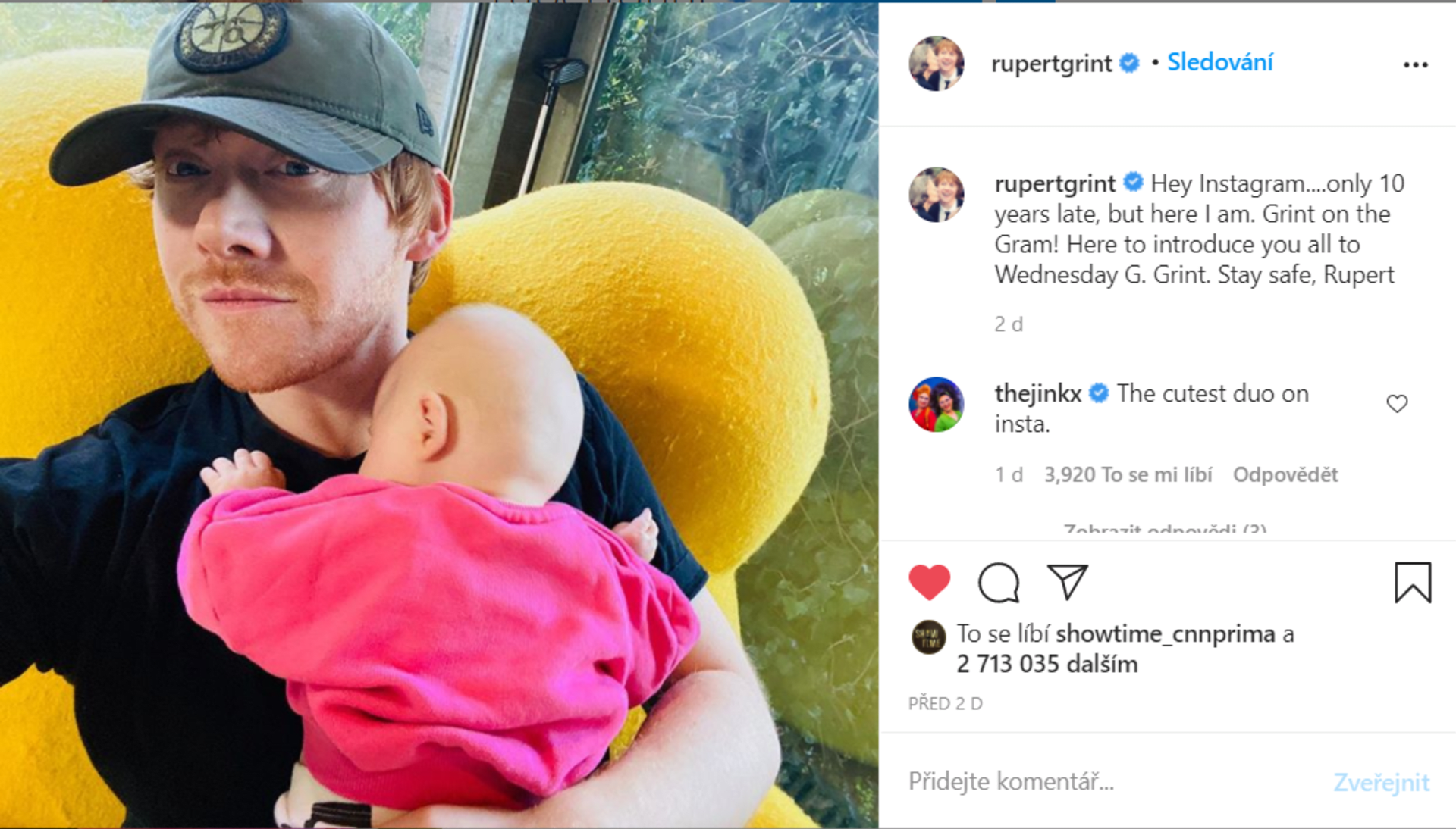 Ron Weasley z Harryho Pottera si založil Instagram a pochlubil se dcerou.