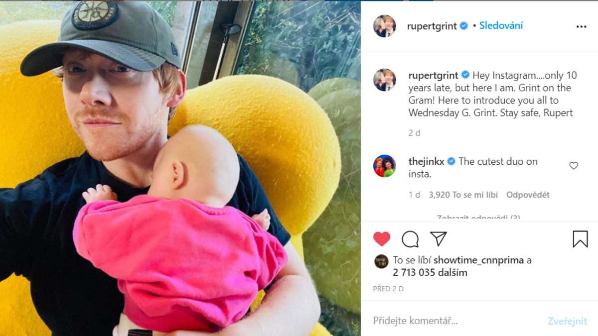 Ron Weasley z Harryho Pottera si založil Instagram a pochlubil se dcerou.