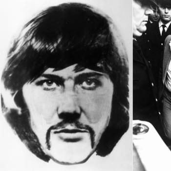 Sériový vrah Peter Sutcliffe - vlevo policejní portrét, vpravo Sutcliffe opouštějící budovu soudu