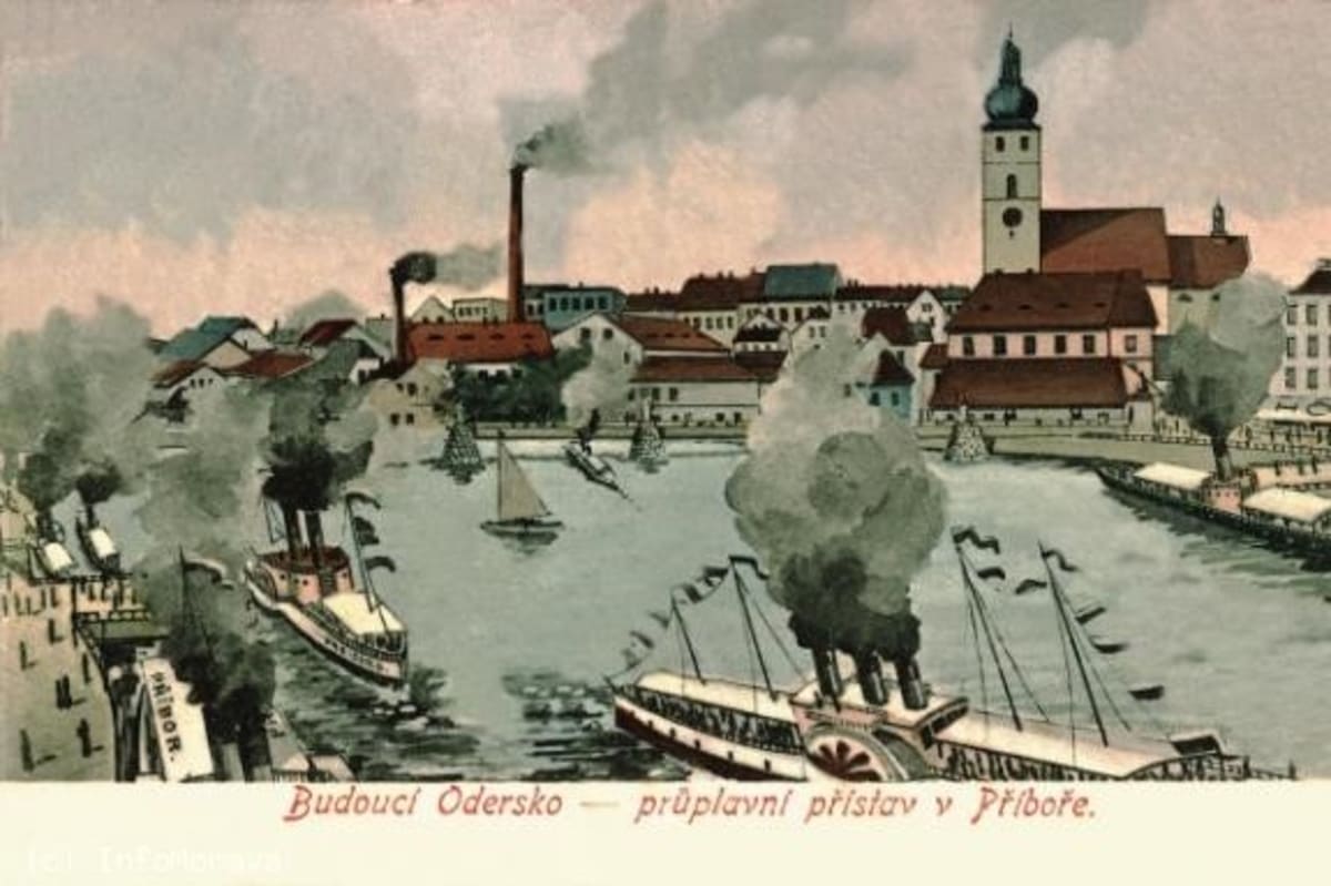 Přístav na kanálu Odra–Dunaj v Příboru, vize z počátku 20. století. Foto: Archiv autora