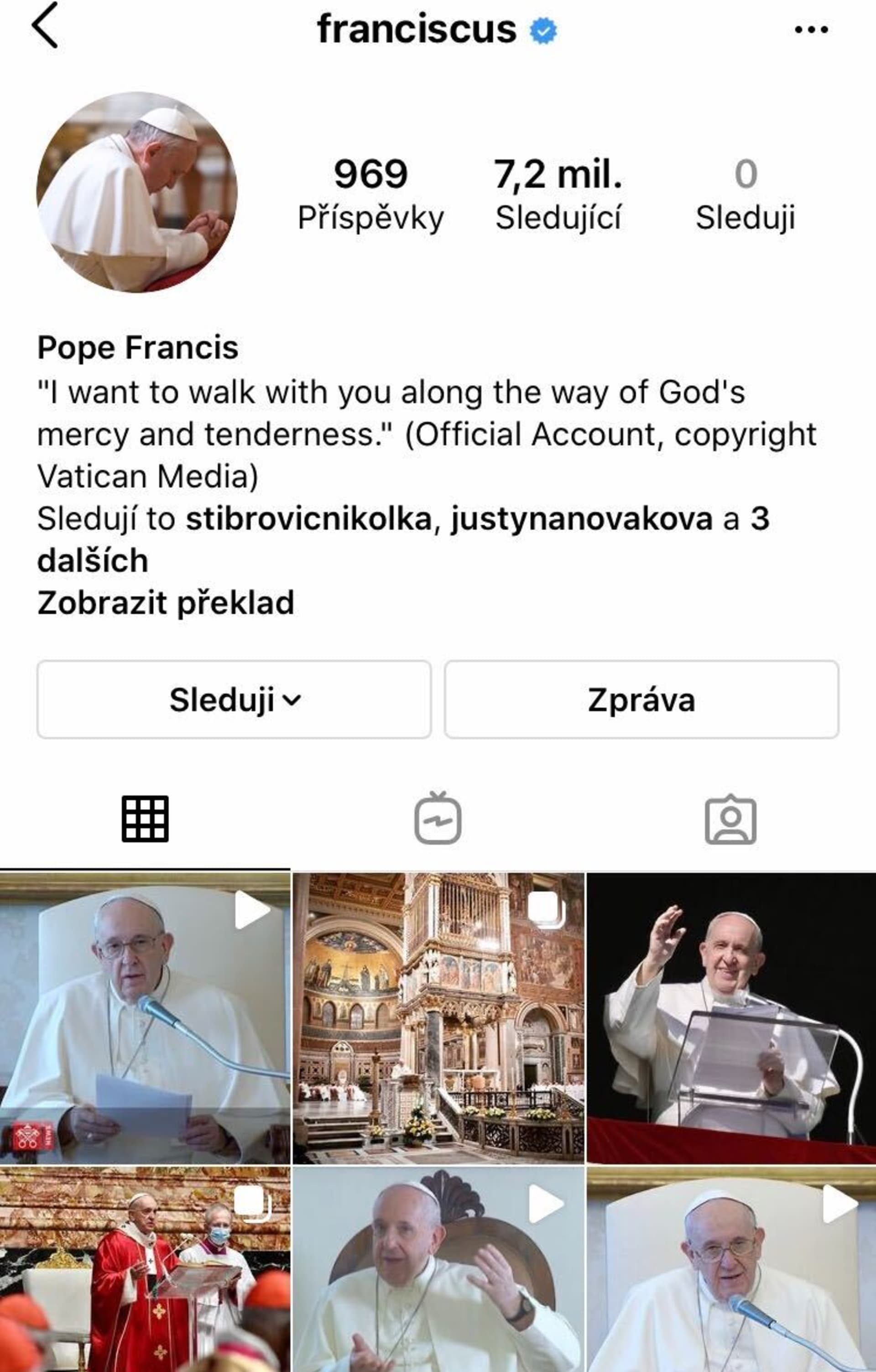 Papež František je aktivní i na sociální síti Instagram.