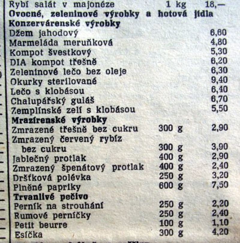 Ceny potravin z roku 1989, oficiální seznam 30 tisíc položek